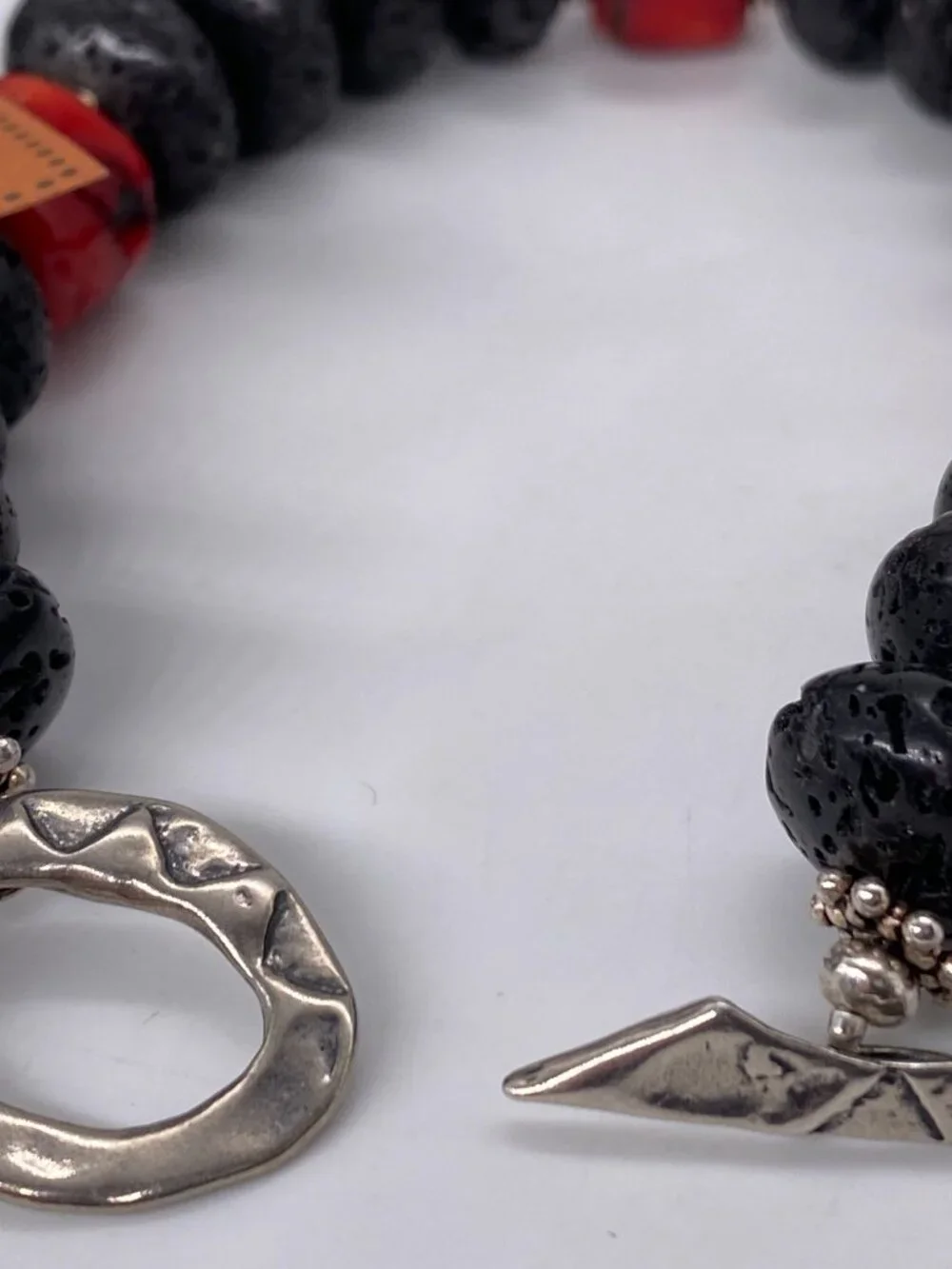 Carol Bradley Bracelet Black Lava Rock Red Coral Sterling Silver 925 Clasp